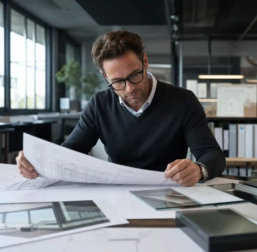 مهندس معماري يراجع مواصفات الزجاج الرقائقي والرسومات الفنية لمشروع بناء