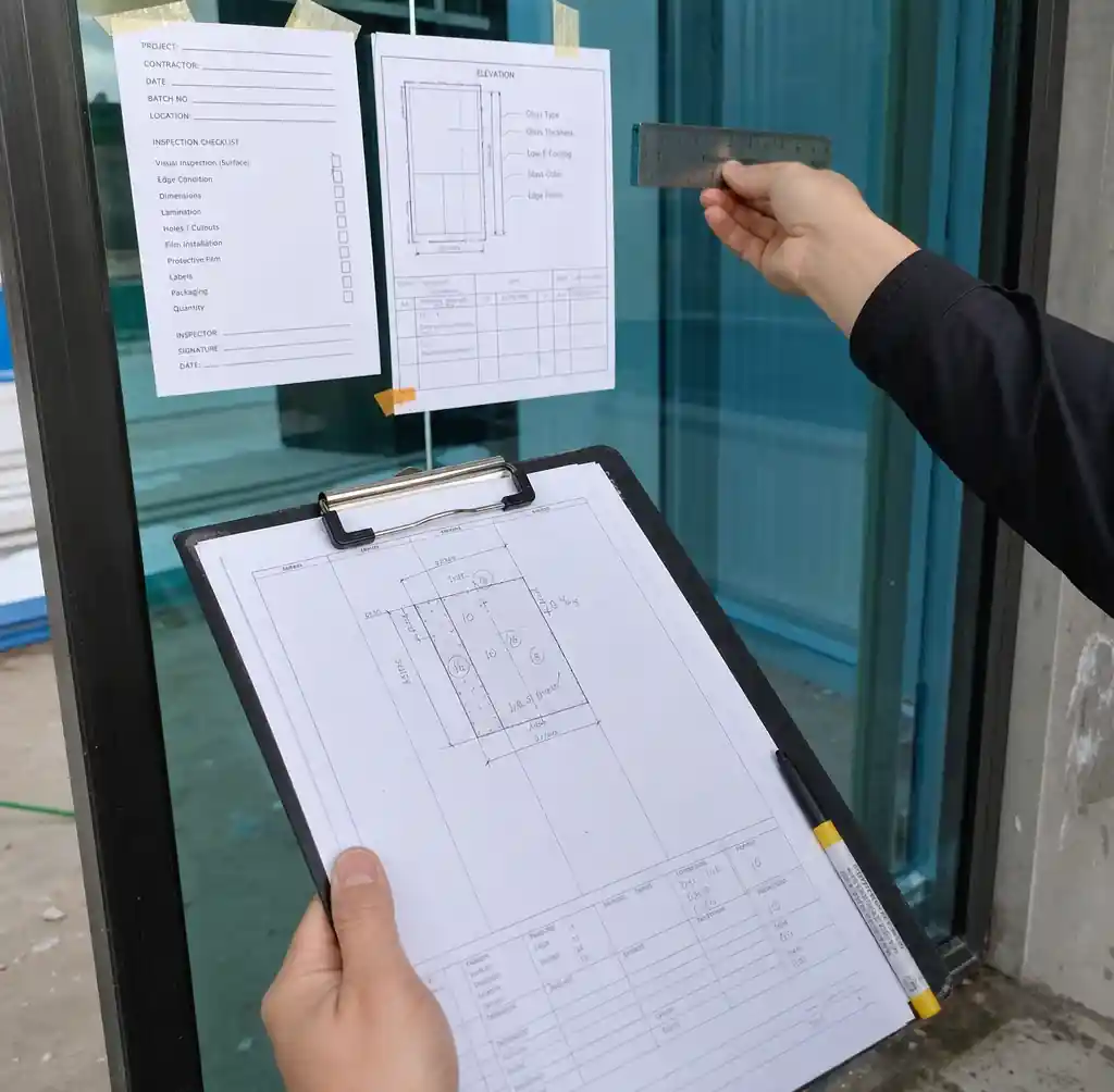 Commercial glass warranty inspection documentation with manufacturing defect analysis