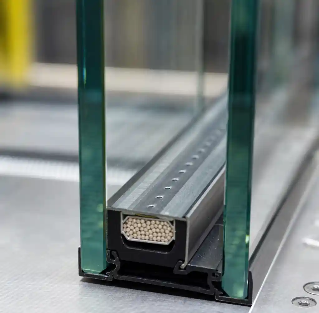 Close-up view of insulated glass spacer bar between glass panes