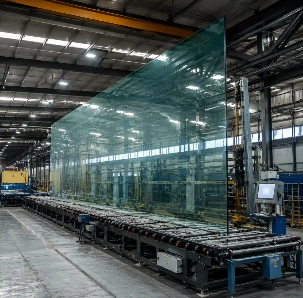 Large-format architectural glass panel in manufacturing facility