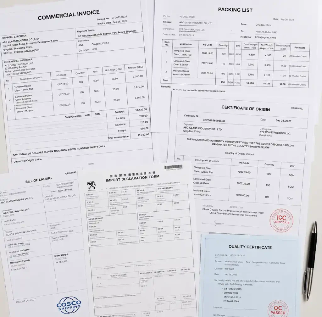 Customs documentation and import paperwork for glass shipment