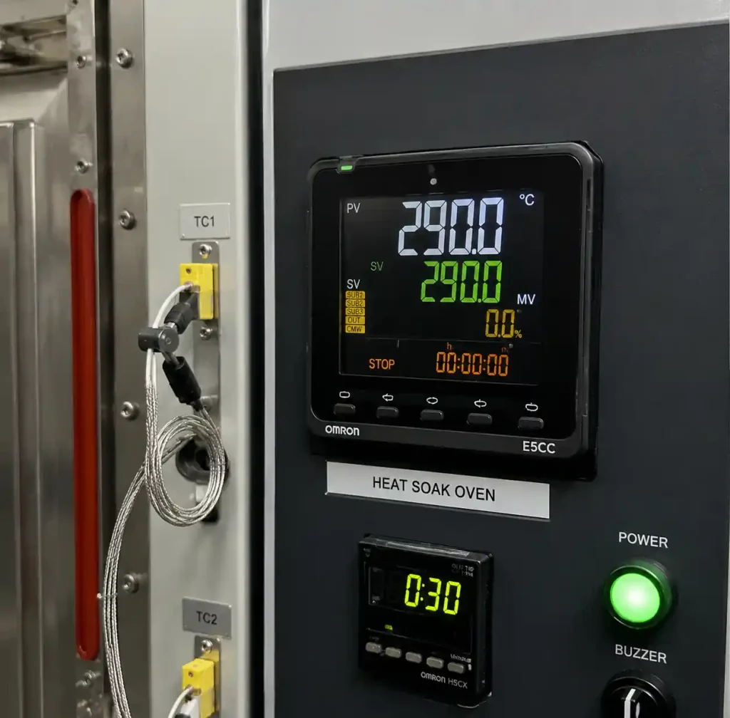 Heat soak oven control panel displaying 290°C temperature setting