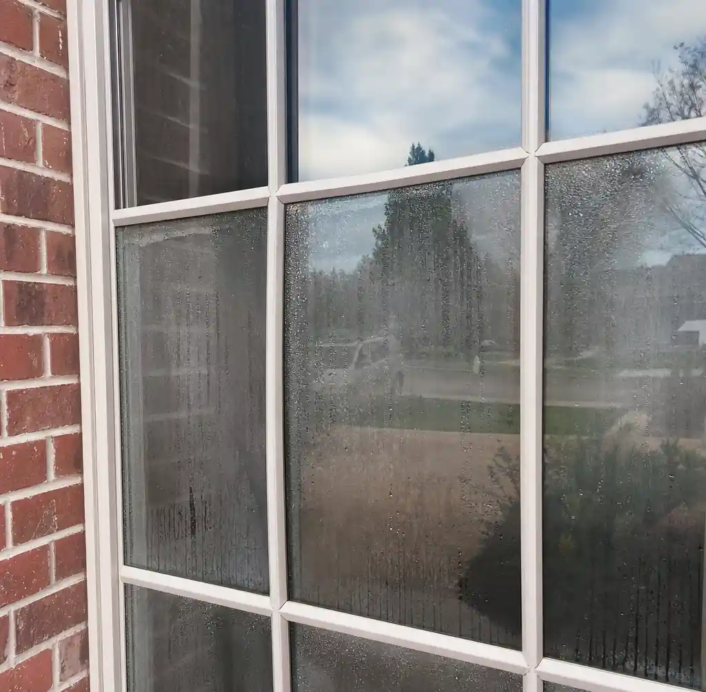 IGU seal failure showing moisture condensation between glass panes