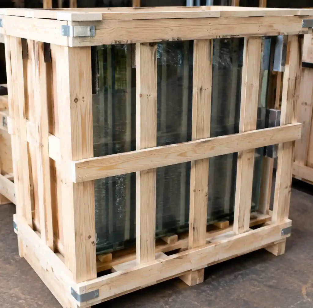 Engineered wooden crate construction for oversized glass shipping
