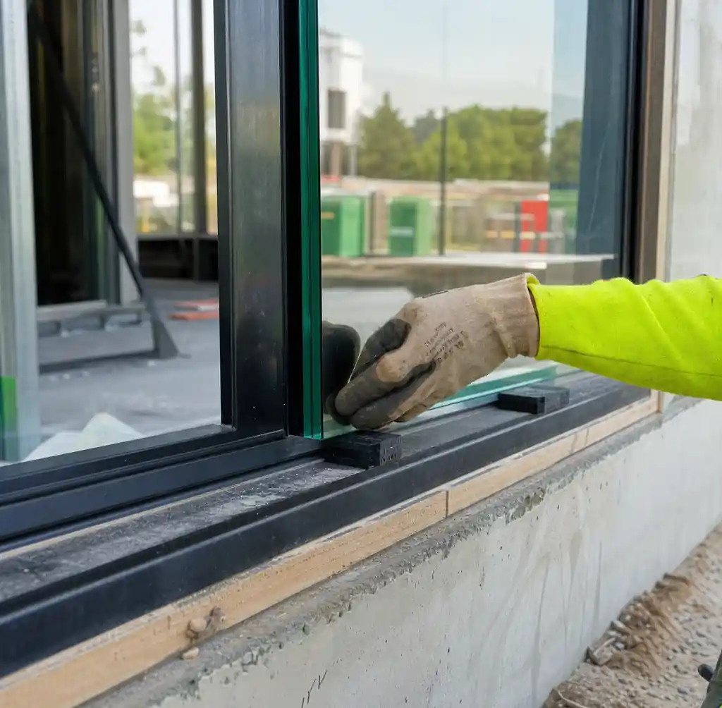 Proper architectural glass installation showing setting blocks and edge clearance