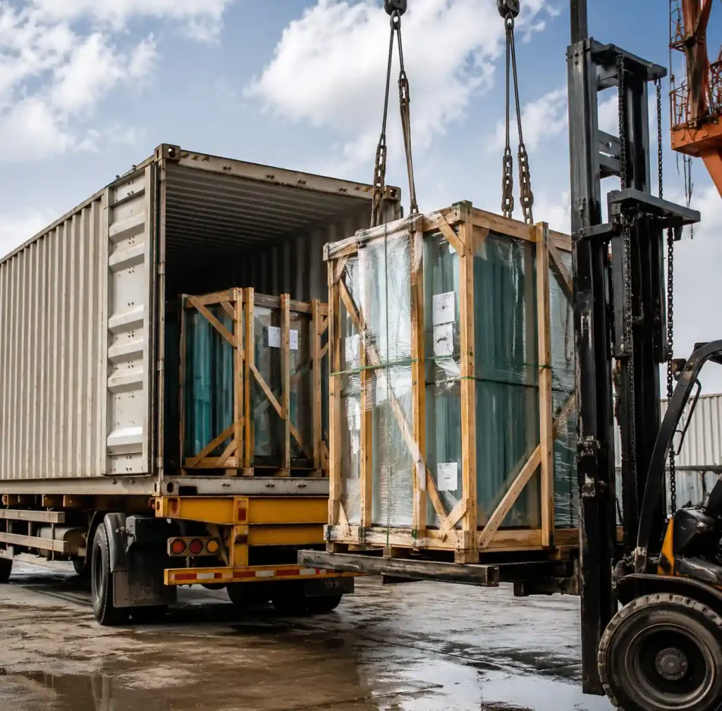 Shipping container loading operation with architectural glass crates