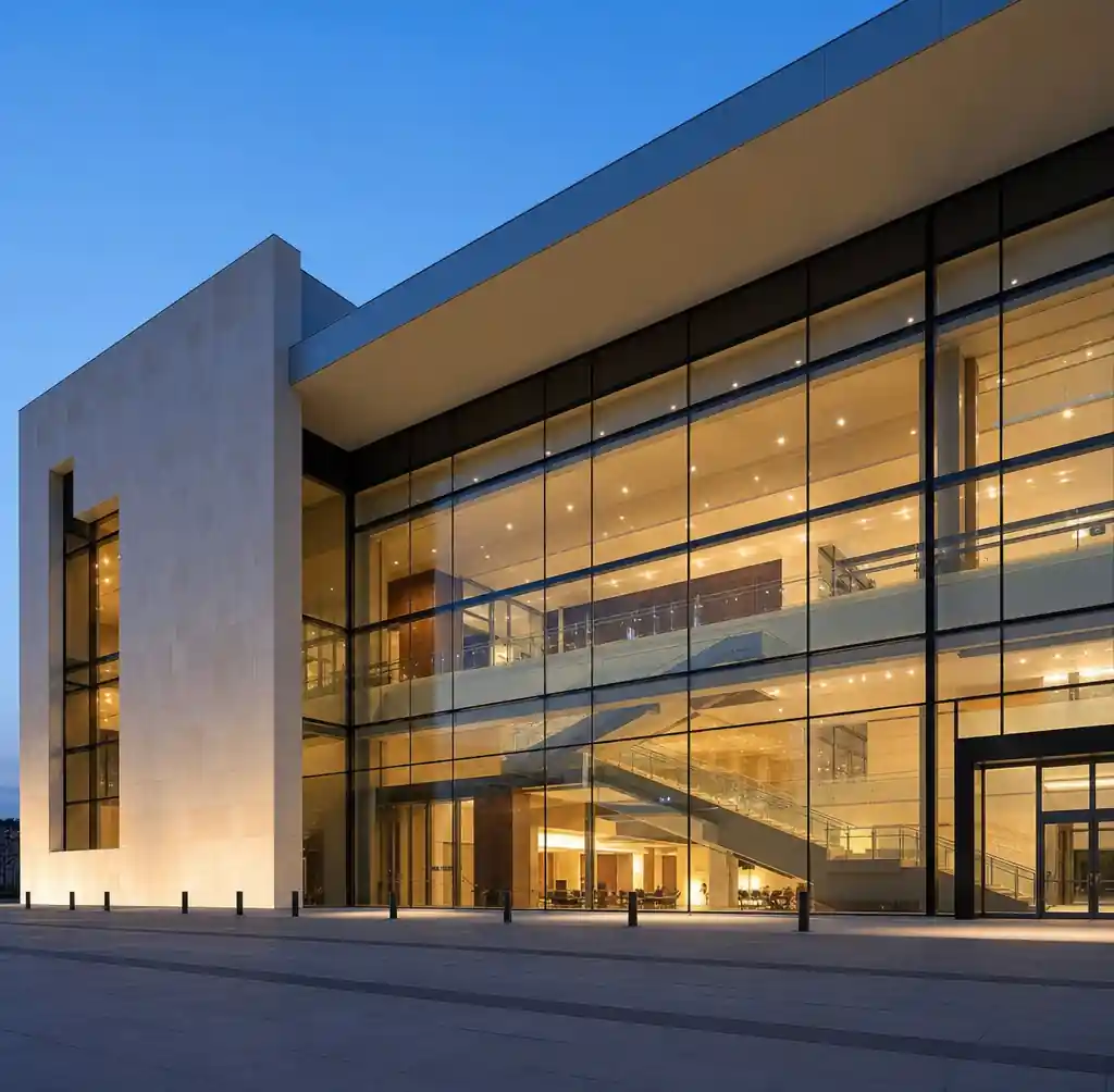 Modern commercial building curtain wall with large-format glass panels