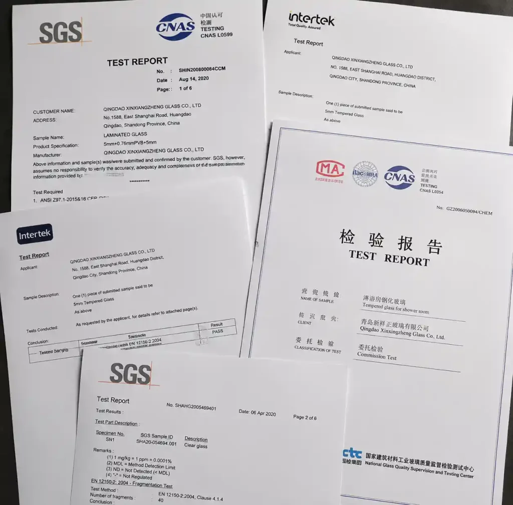 Safety certification documents and test reports for architectural glass