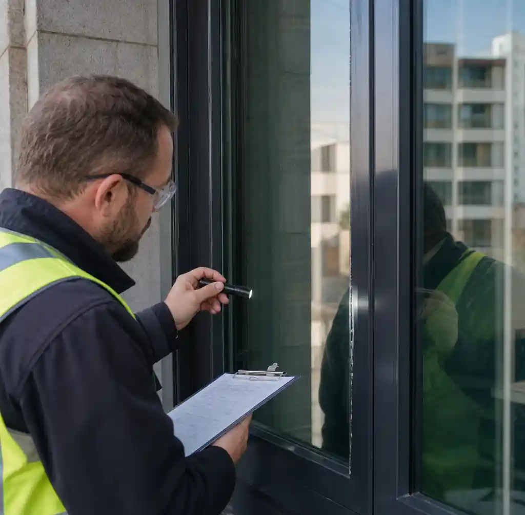 Technical inspector examining architectural glass for warranty claim evaluation