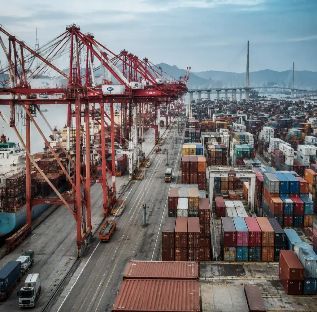 Cargo terminal at port with glass shipment containers
