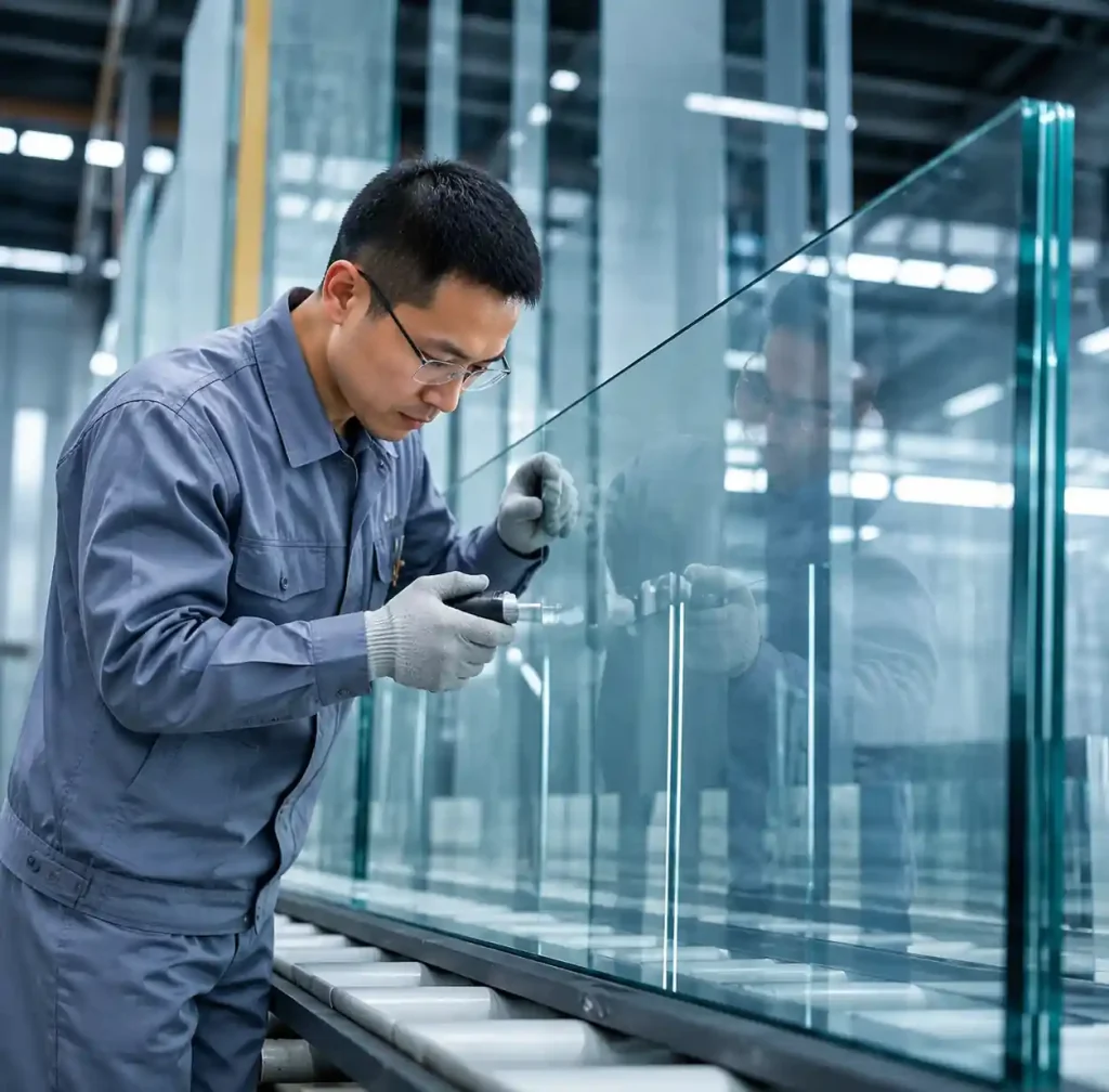 Quality inspector examining large-format glass panel