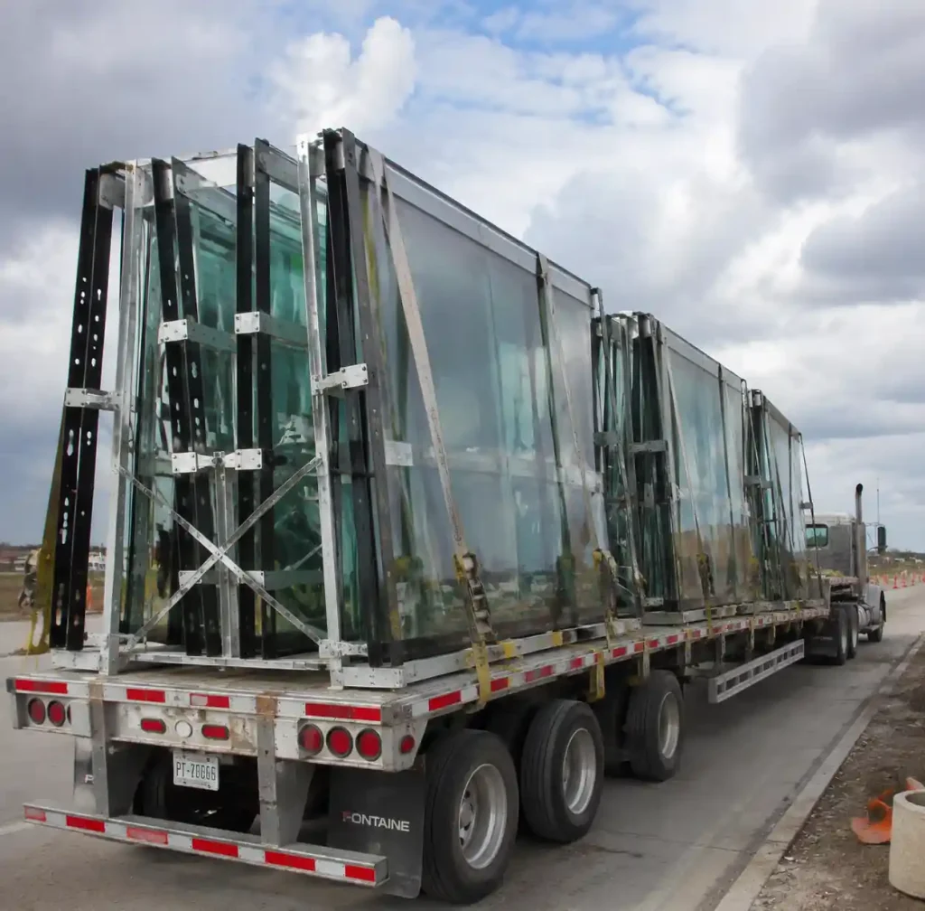 Flatbed truck transporting oversized glass crates with specialized racks