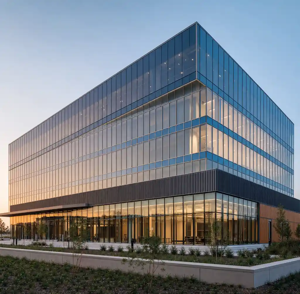 Commercial building facade showing zone-based glass specification strategy for cost optimization
