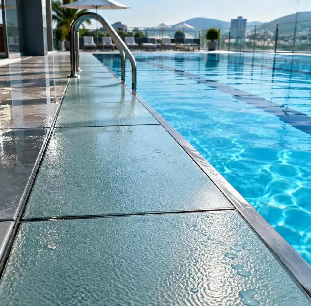 Anti-slip glass pool deck with acid-etched surface treatment