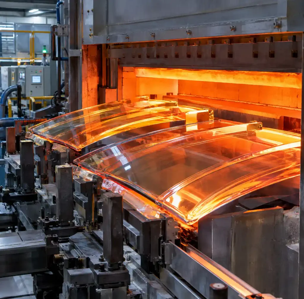 Curved glass panels being heated in industrial furnace during hot bending process