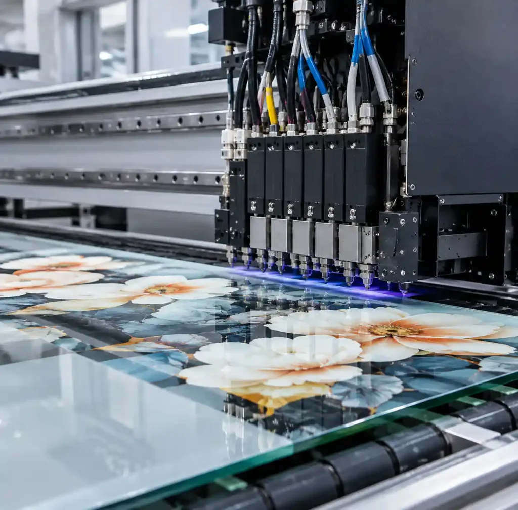 Digital ceramic printing process on architectural glass showing inkjet heads applying ceramic inks