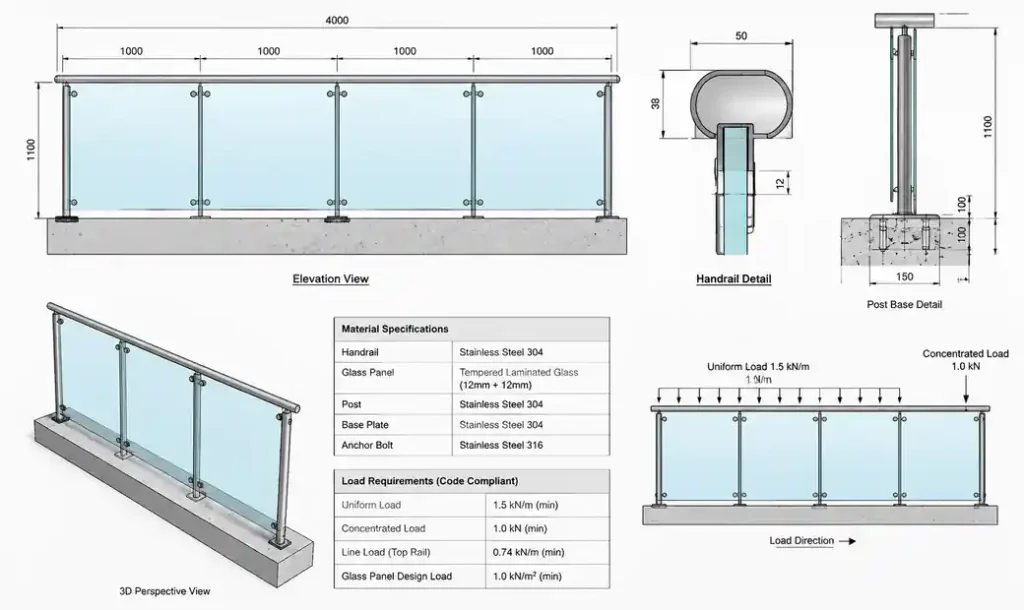 Building code requirements diagram for glass handrail structural specifications