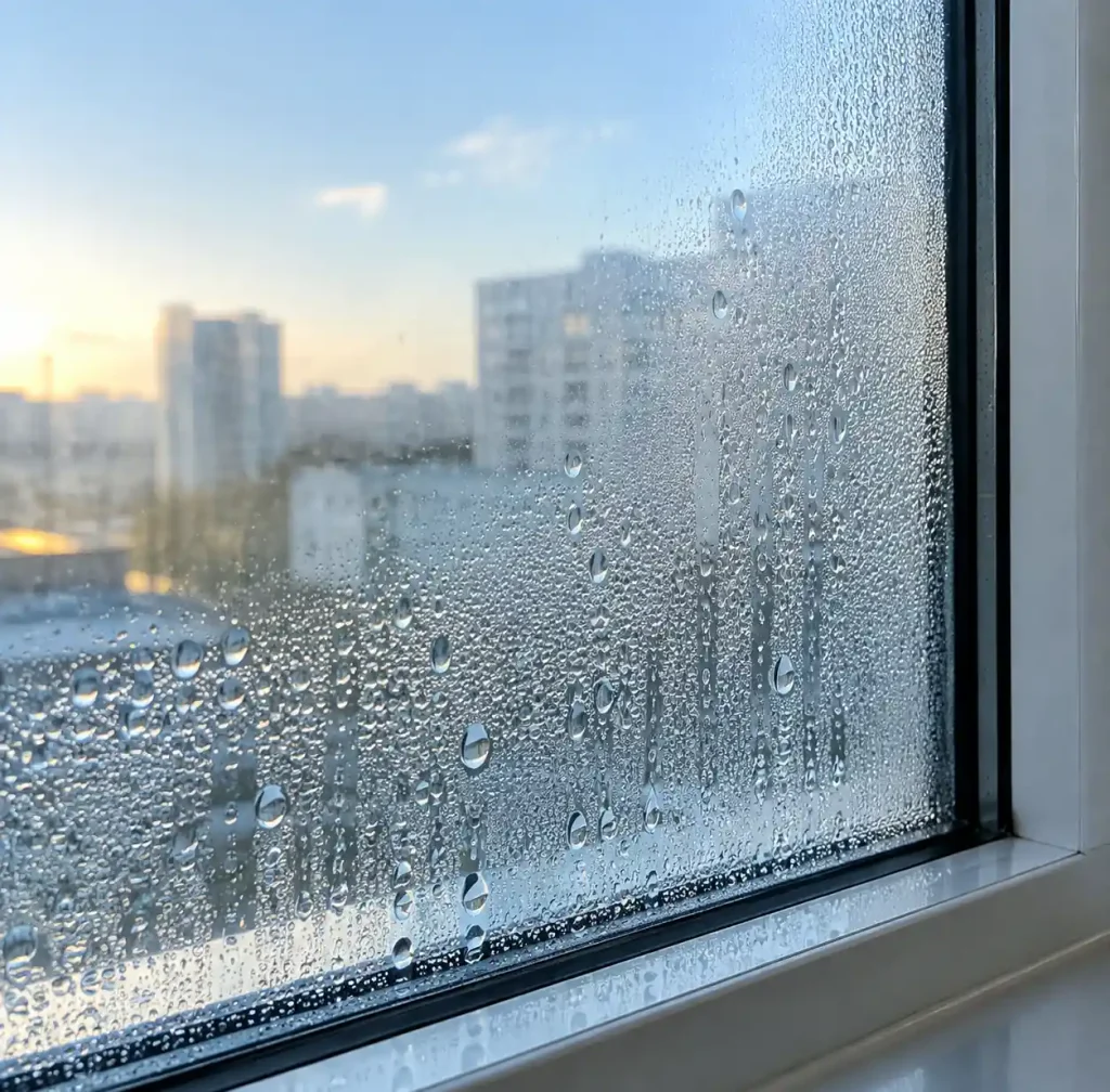 Interior surface condensation forming on insulated glass unit during cold weather
