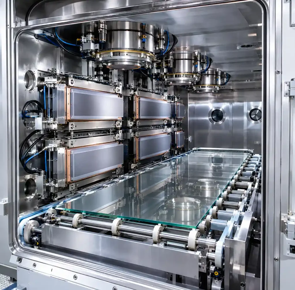 Magnetron sputtering vacuum chamber with glass substrate and cathode targets