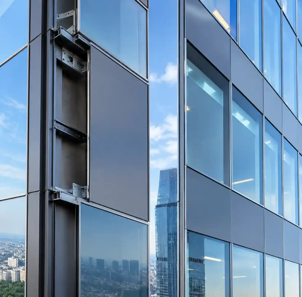 Spandrel glass color matching on modern commercial building facade showing shadow box and back-painted glass sections