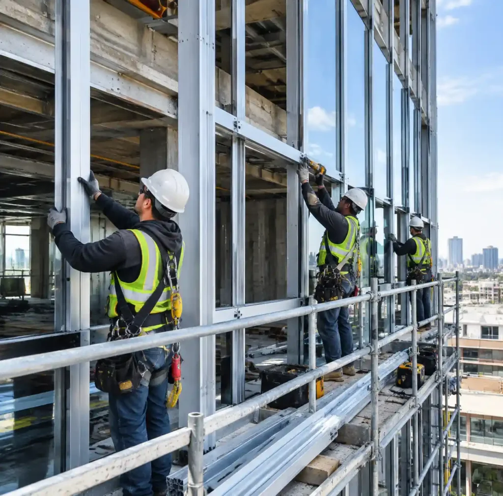 Stick-built curtain wall installation with workers assembling mullions on scaffolding