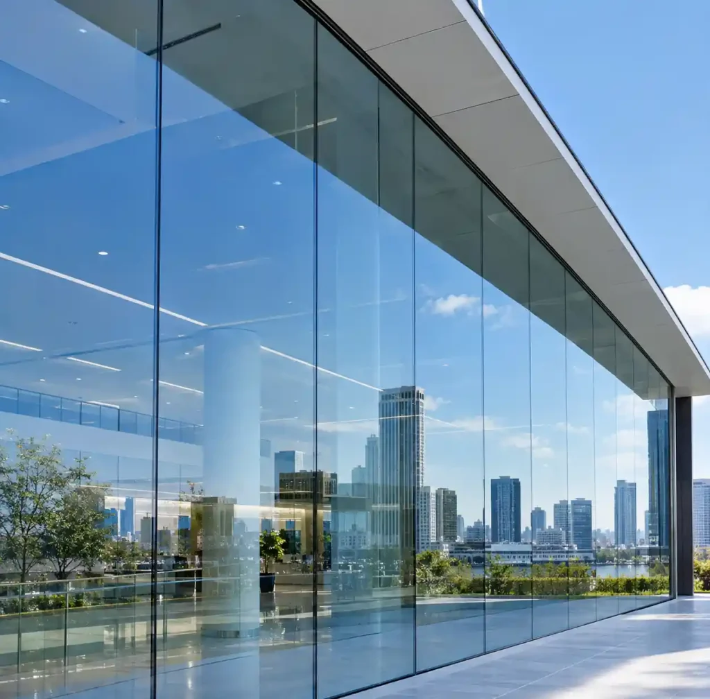 Structural silicone glazing curtain wall showing seamless glass facade without visible frames