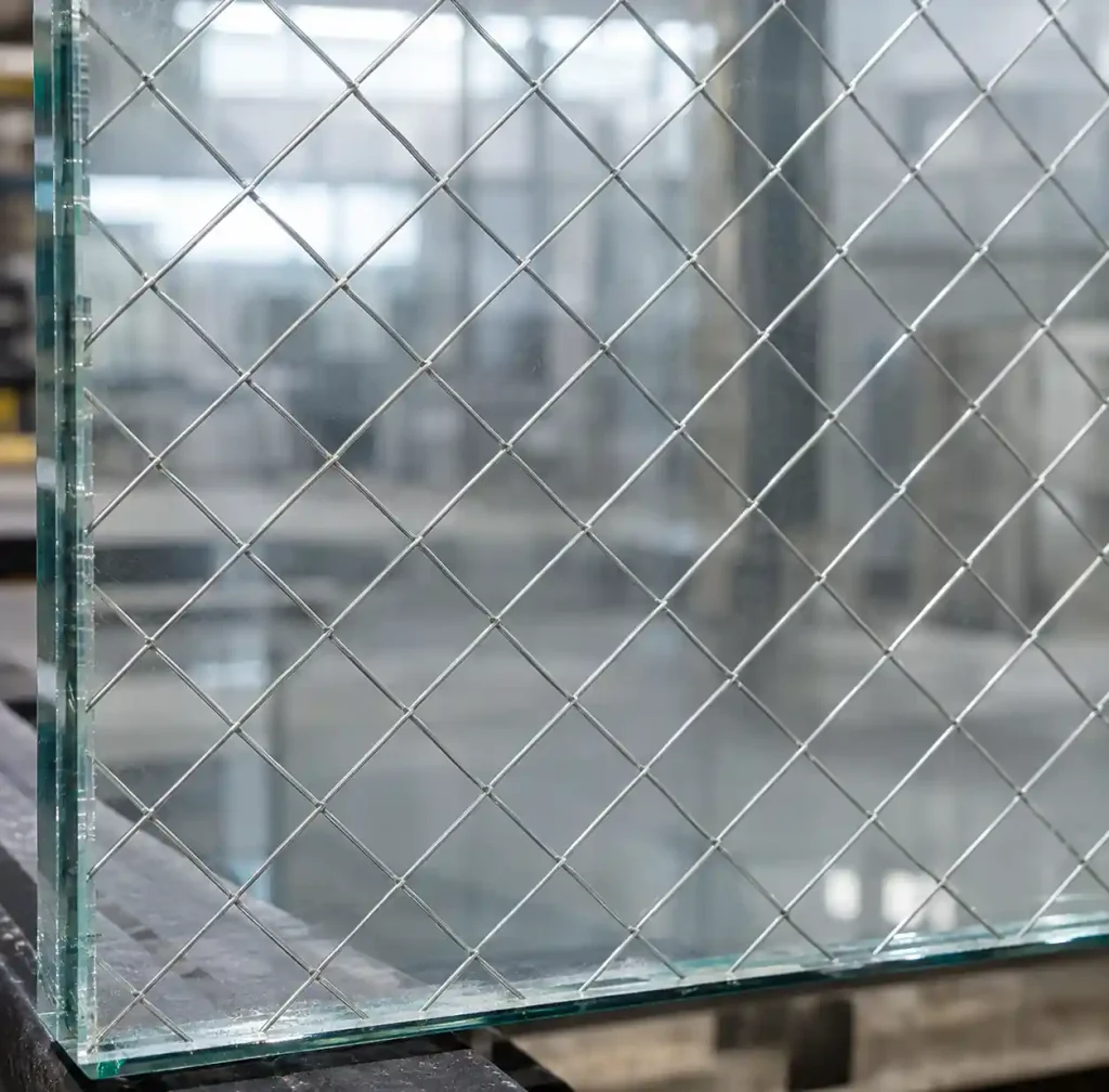 Wire glass with embedded steel mesh grid showing traditional manufacturing method
