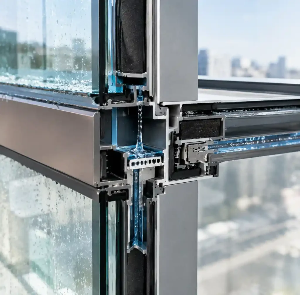 Curtain wall drainage channels and weep holes for water management