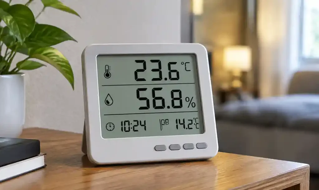 Digital hygrometer displaying temperature and relative humidity for dew point calculation