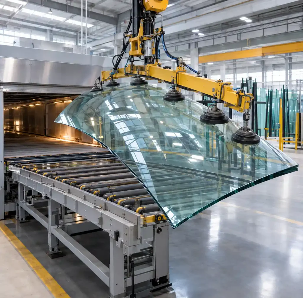 Large format curved tempered glass being removed from tempering line
