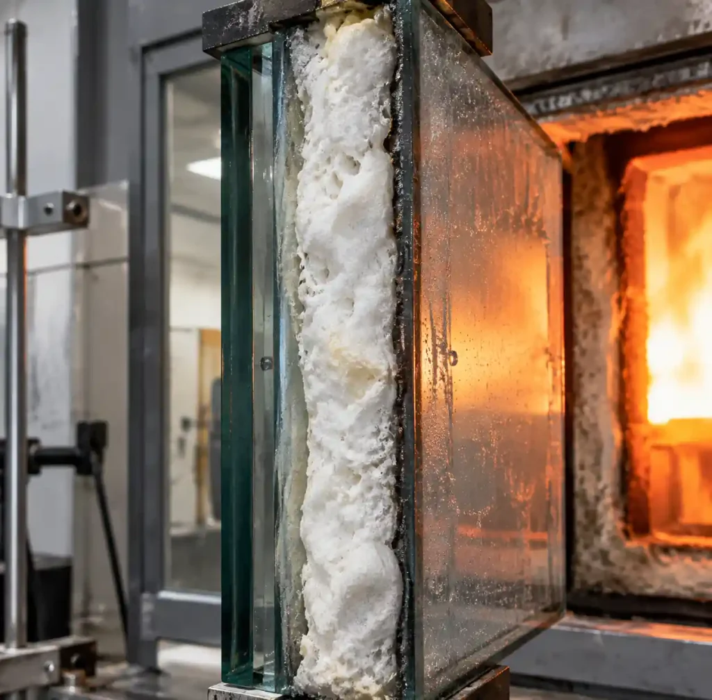 Intumescent laminated glass during fire testing showing expanded char layer formation