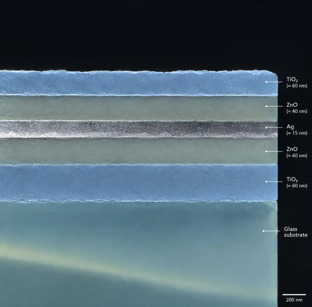 Cross-section microscopy of Low-E glass coating multilayer structure