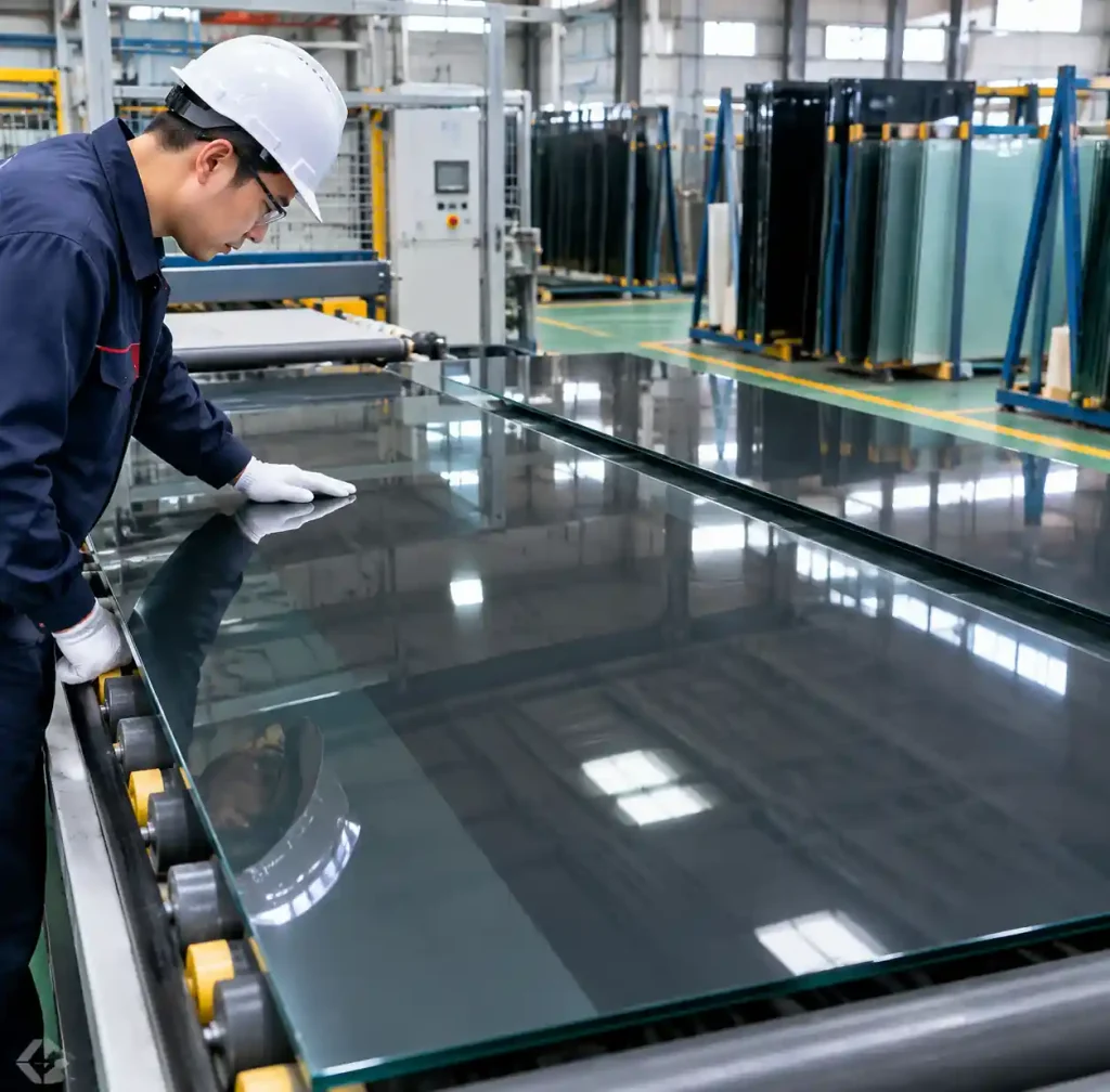 Back-painted spandrel glass panels with ceramic frit coating during quality inspection at manufacturing facility