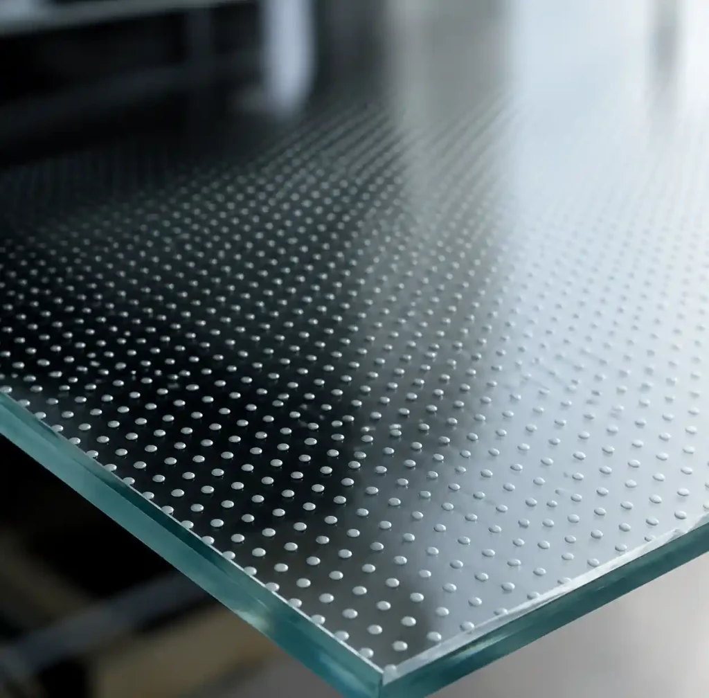 Ceramic frit dot pattern on anti-slip pool glass