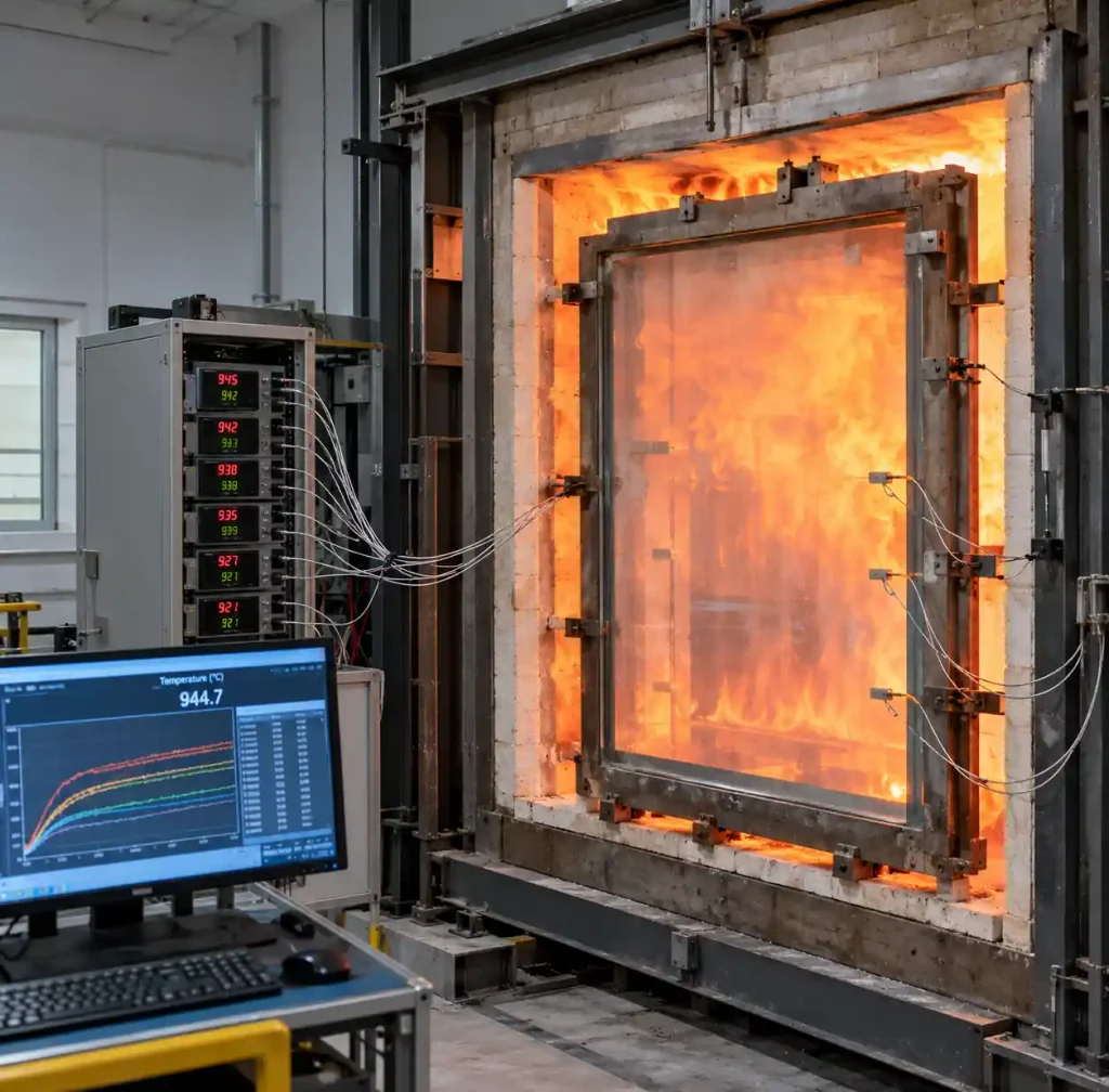 Fire resistance testing of architectural glass in certified laboratory