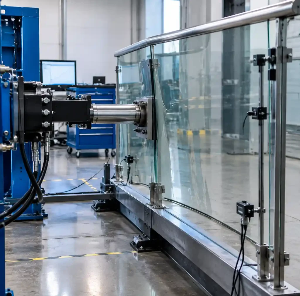 Glass handrail lateral load testing and deflection measurement in laboratory
