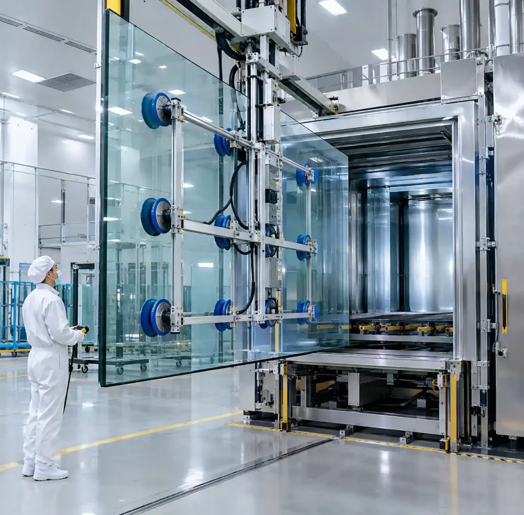 Large architectural glass panel entering magnetron sputtering coating production line