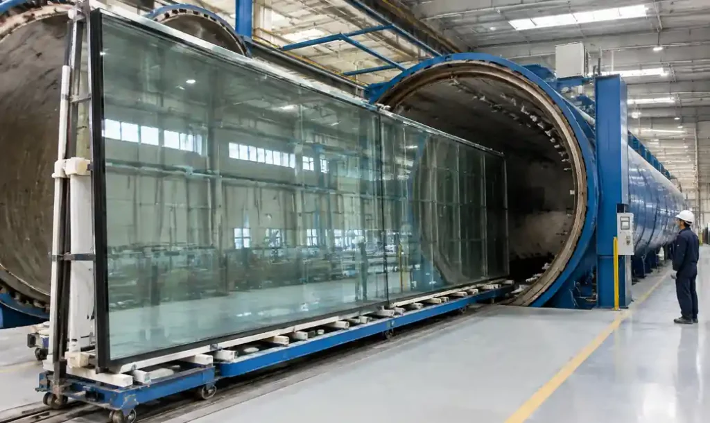 Jumbo-size fire-rated laminated glass panel in oversized autoclave during manufacturing