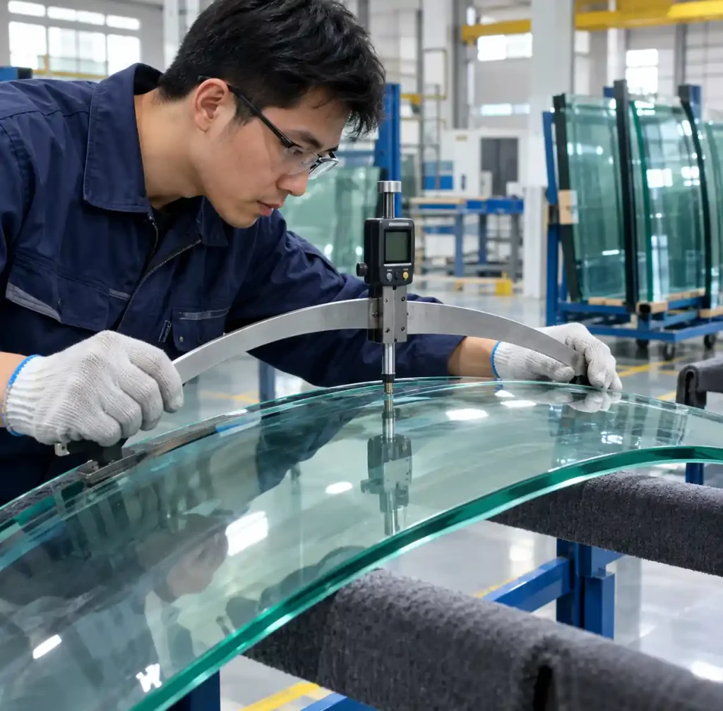 Quality technician measuring curved glass radius with precision instruments