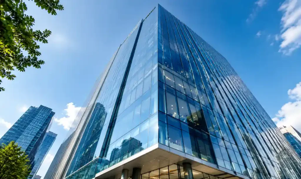 High-rise building facade with heat soak tested tempered glass curtain wall
