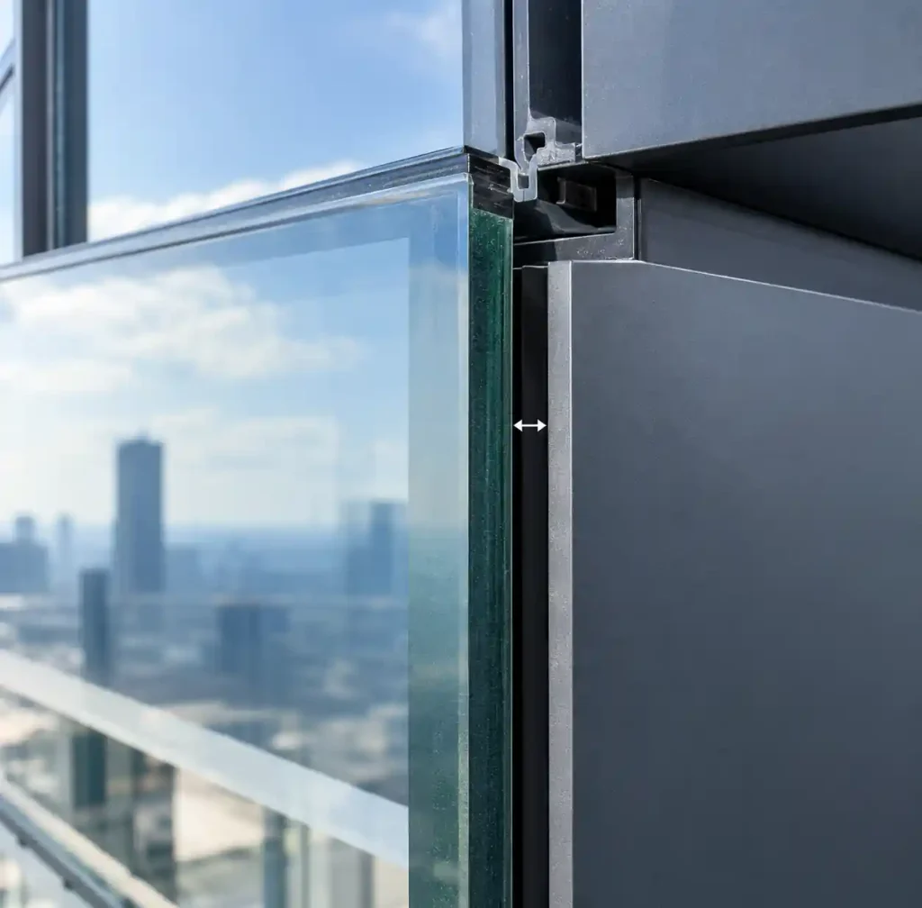 Edge clearance detail in structural silicone glazing for thermal movement