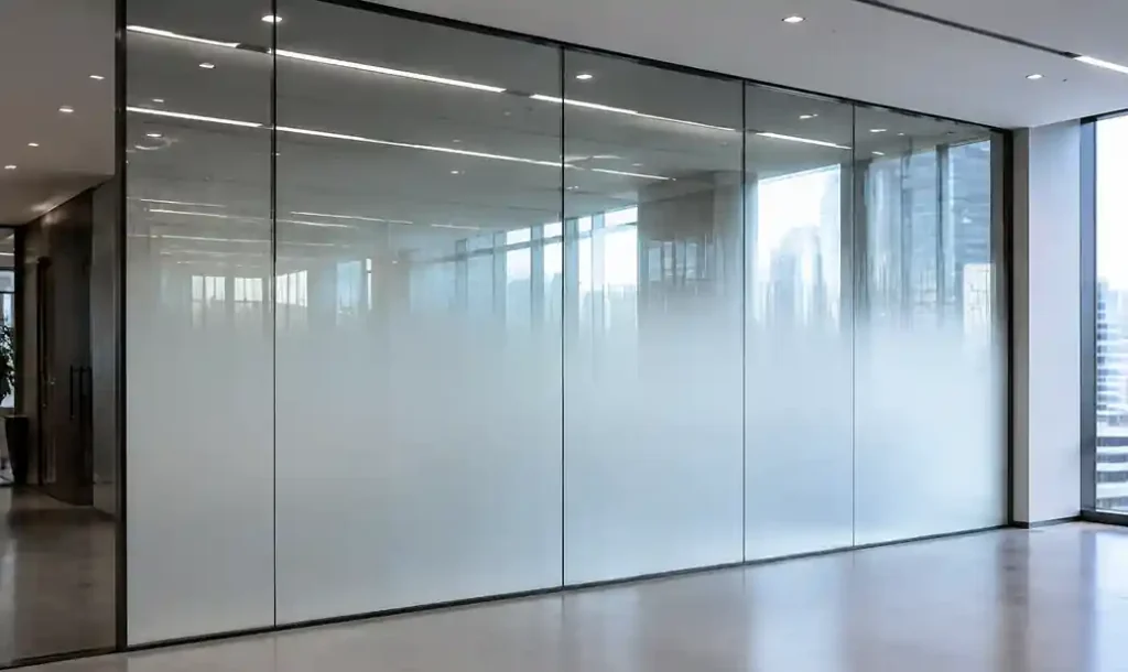 Glass curtain wall with variable opacity gradient patterns for solar shading and privacy control