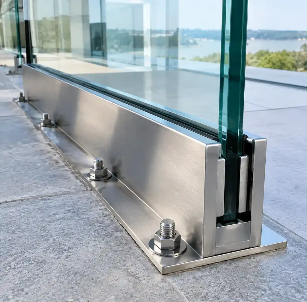 Base shoe mounting hardware installation detail for glass handrail system