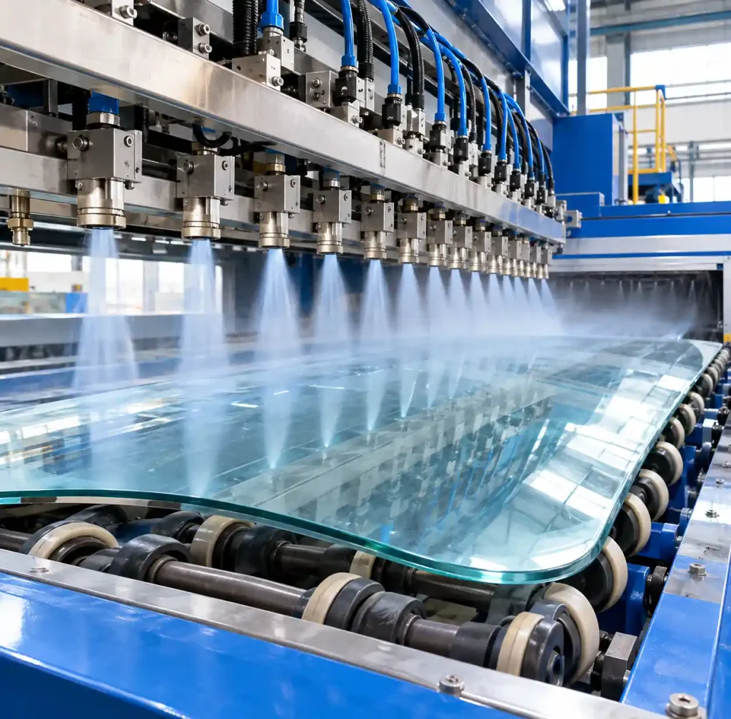 Curved glass panel during rapid cooling stage of tempering process