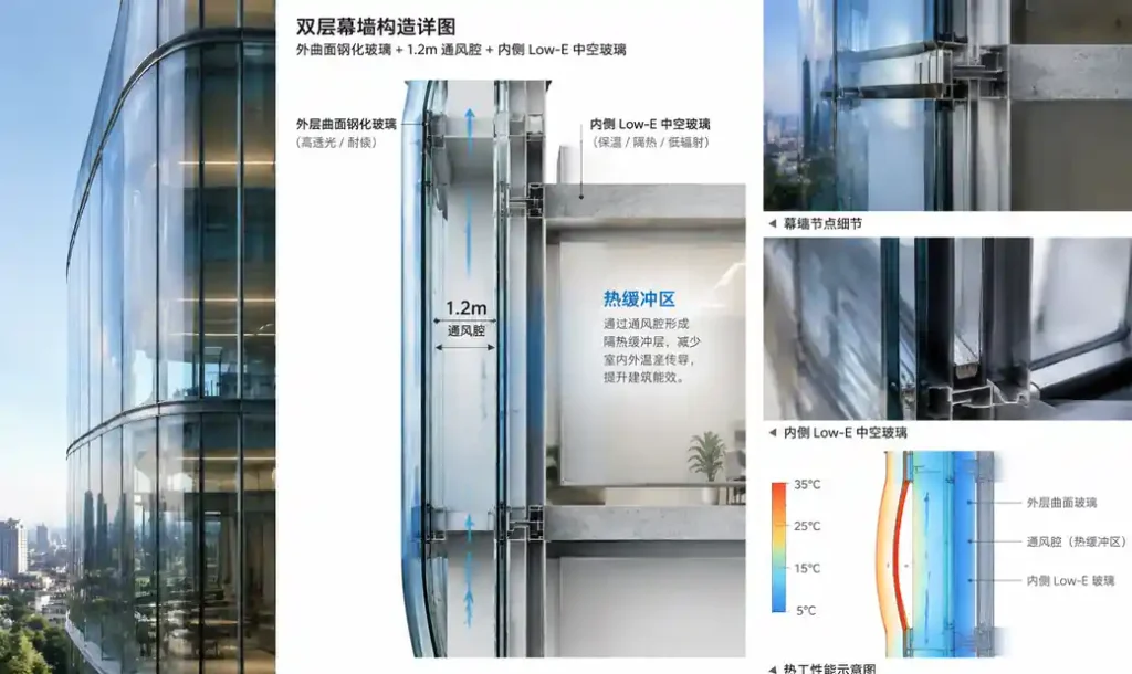 Double-skin facade cross-section showing 1.2-meter ventilated cavity between outer and inner glass layers