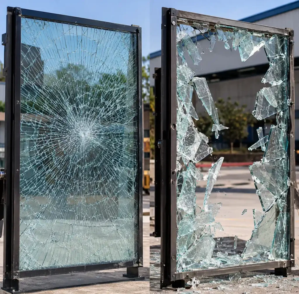 Broken laminated glass showing safety interlayer holding fragments together
