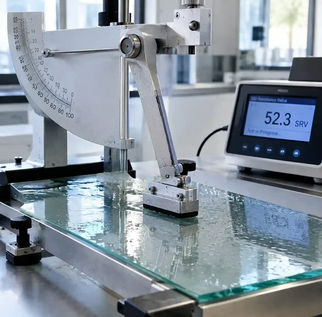 Pendulum slip resistance testing on wet glass surface