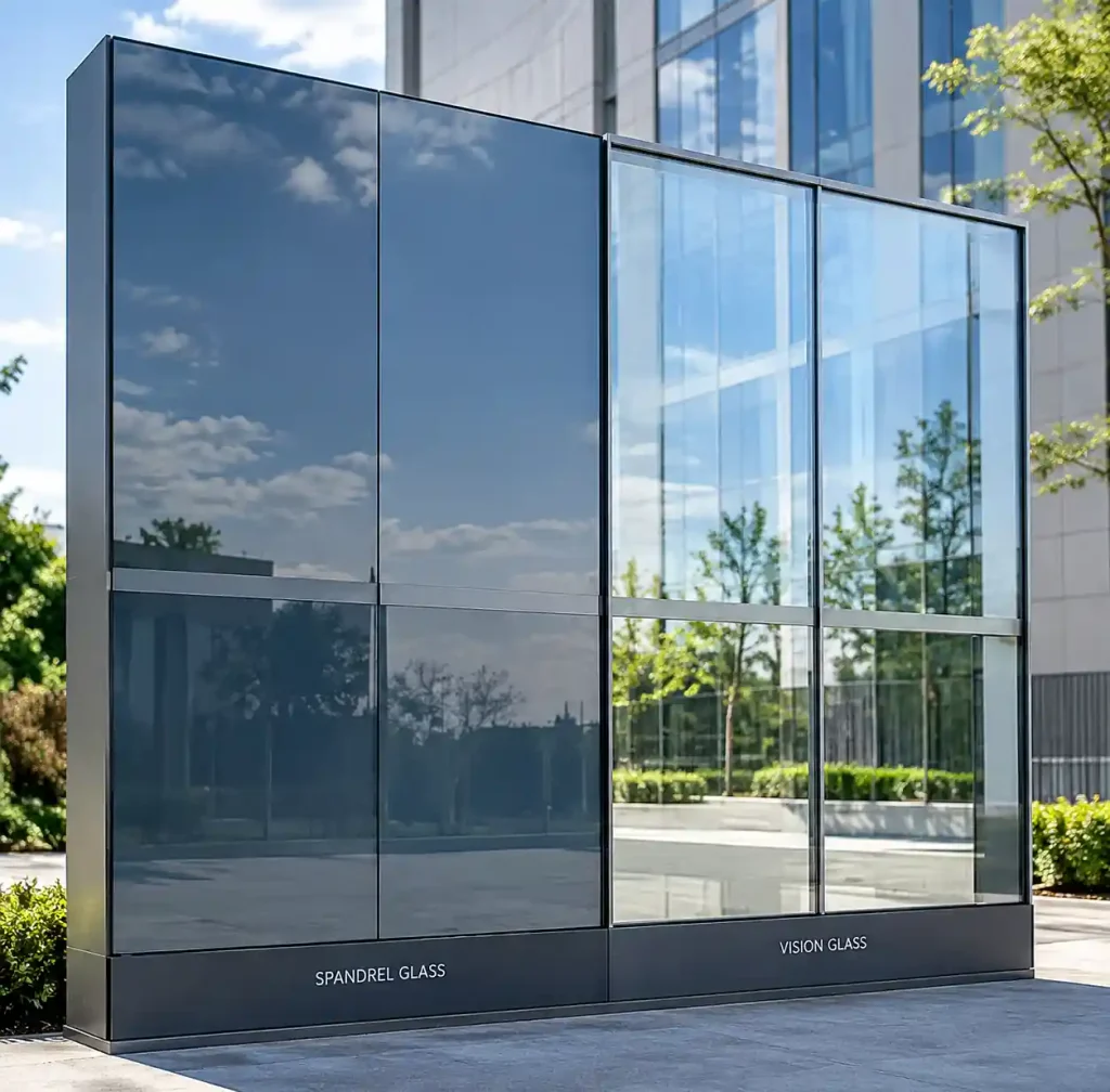 Side-by-side color matching comparison between spandrel and vision glass sections under natural daylight
