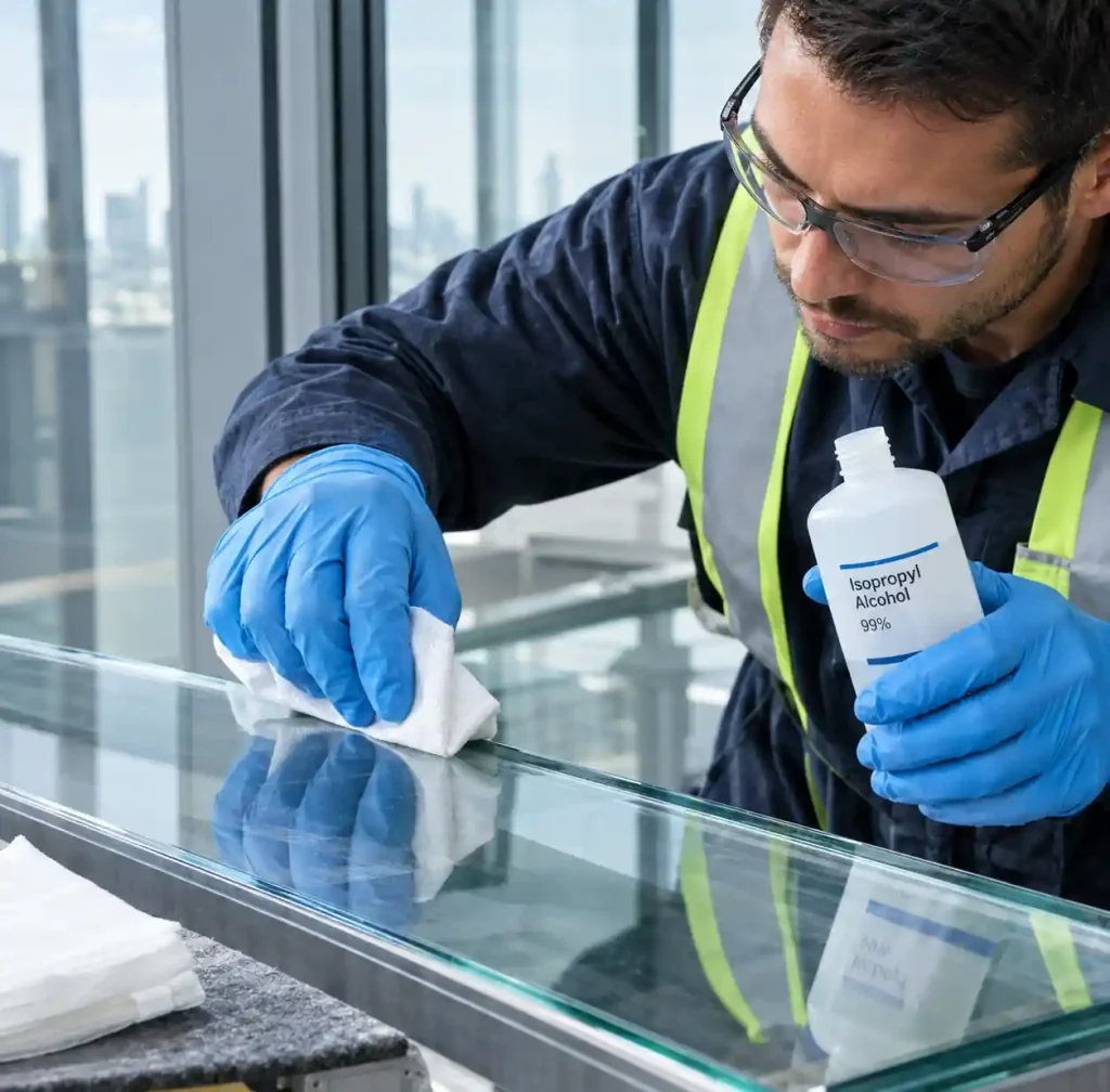 Worker cleaning glass edges with solvent before structural silicone application
