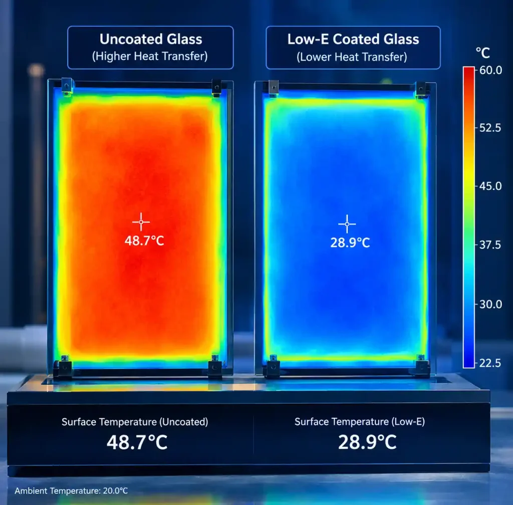 Thermal infrared image comparing heat loss through clear glass versus Low-E coated glass